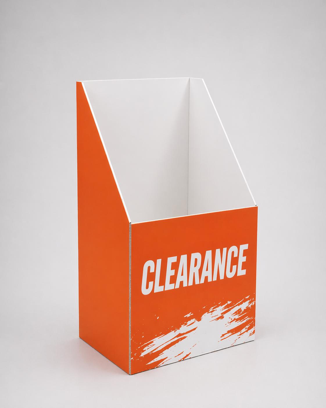 Large printed dump bin POS display for retail clearance promotions and supermarket merchandising