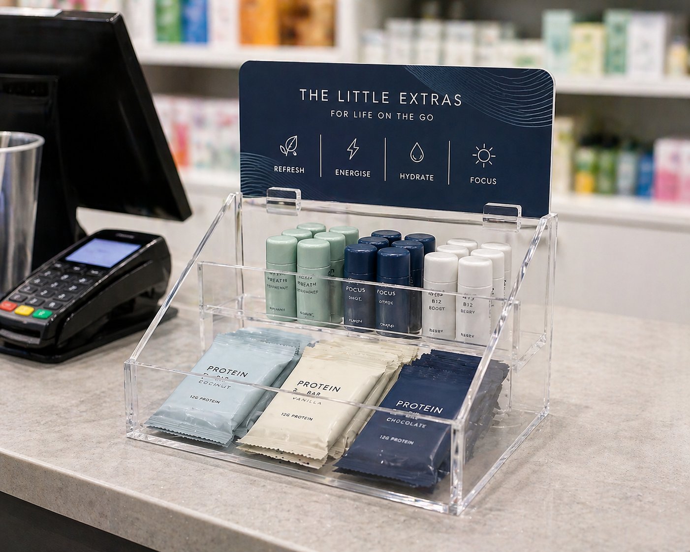 Acrylic counter POS display with branded header in retail shop environment