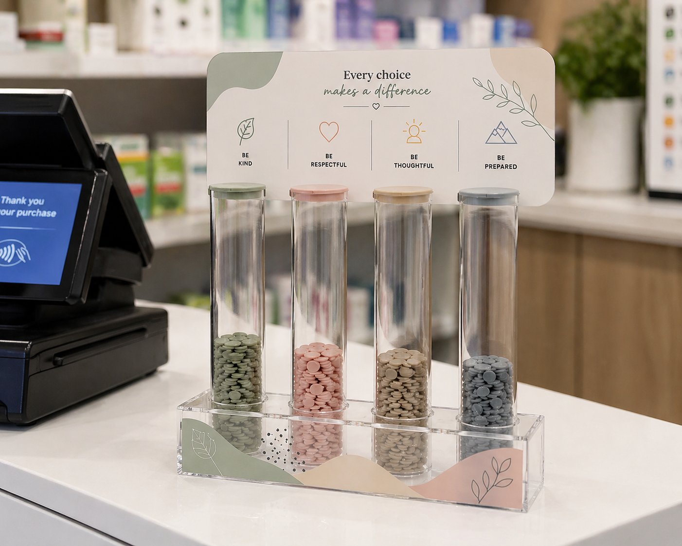 Bespoke acrylic token voting display on retail counter for community engagement
