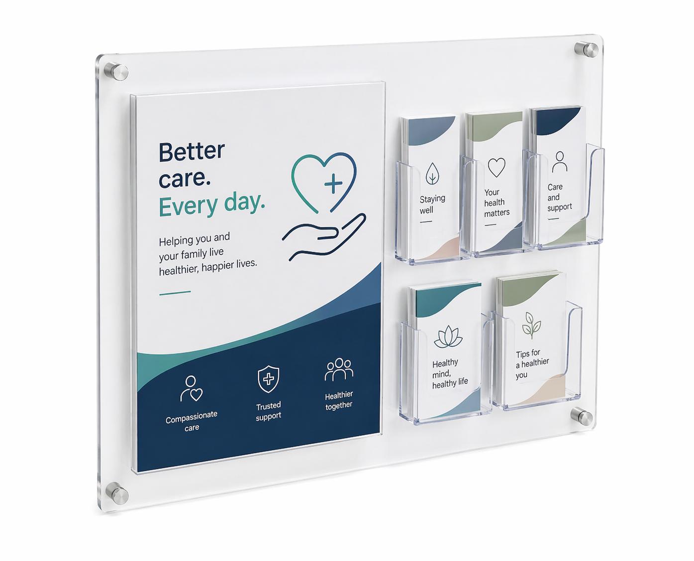 Wall-mounted acrylic leaflet holder and brochure display for hospitals and healthcare facilities