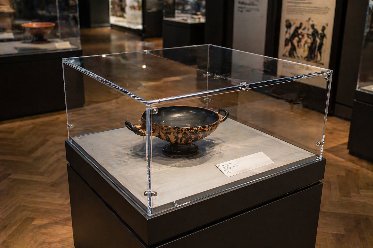 Acrylic museum display case protecting artefact in gallery exhibition